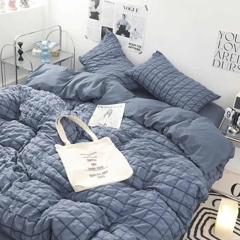 Girls Blue Seersucker Ruffle Bedding Set – Kawaii Soft Duvet Cover with Pillow Cases