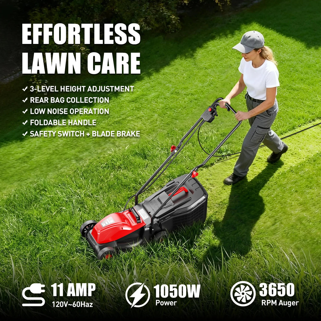 14-Inch Corded Electric Lawn Mower | 11 Amp 3650RPM, 2-in-1 Mulching & 25L Bag, 3-Position Height Adjustment