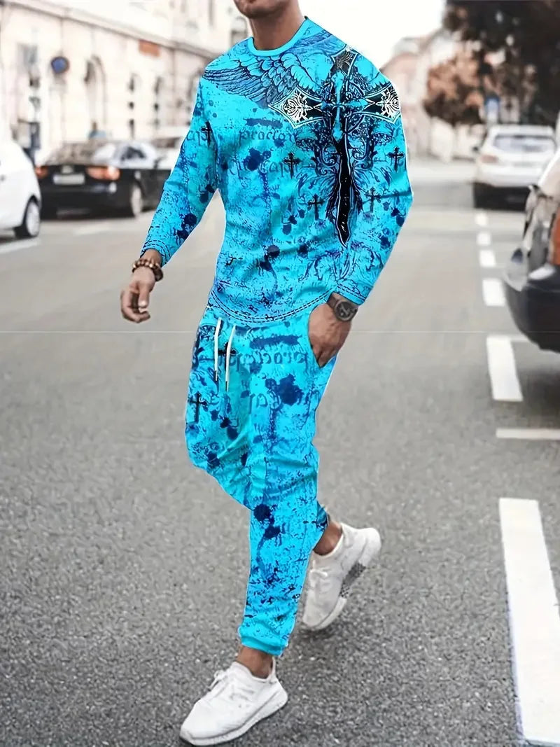 Men's 3D Print Long Sleeve T-Shirt & Jogger Pants Street Tracksuit