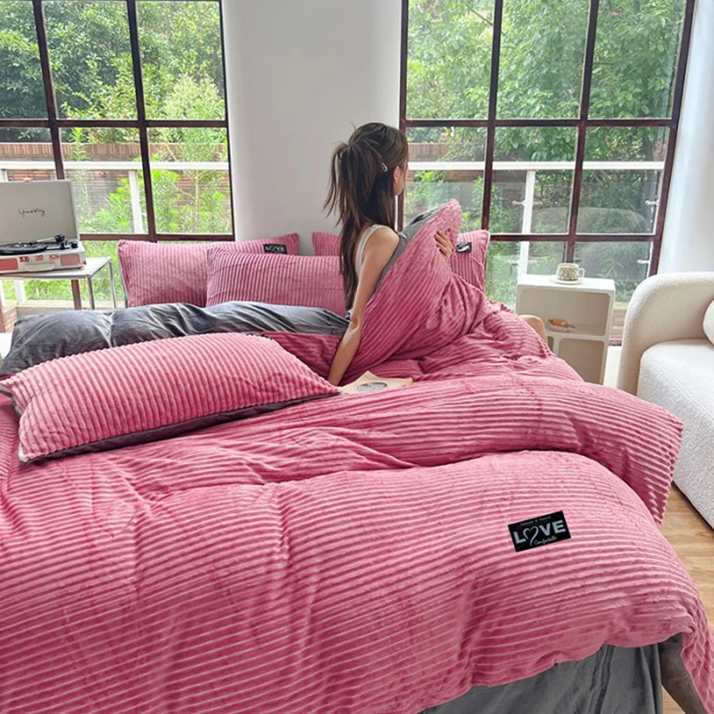 Double-Sided Velvet Duvet Cover Set – Warm Winter 3-Piece Bedding with Zipper & Corner Ties, 11 Colors & 4 Sizes
