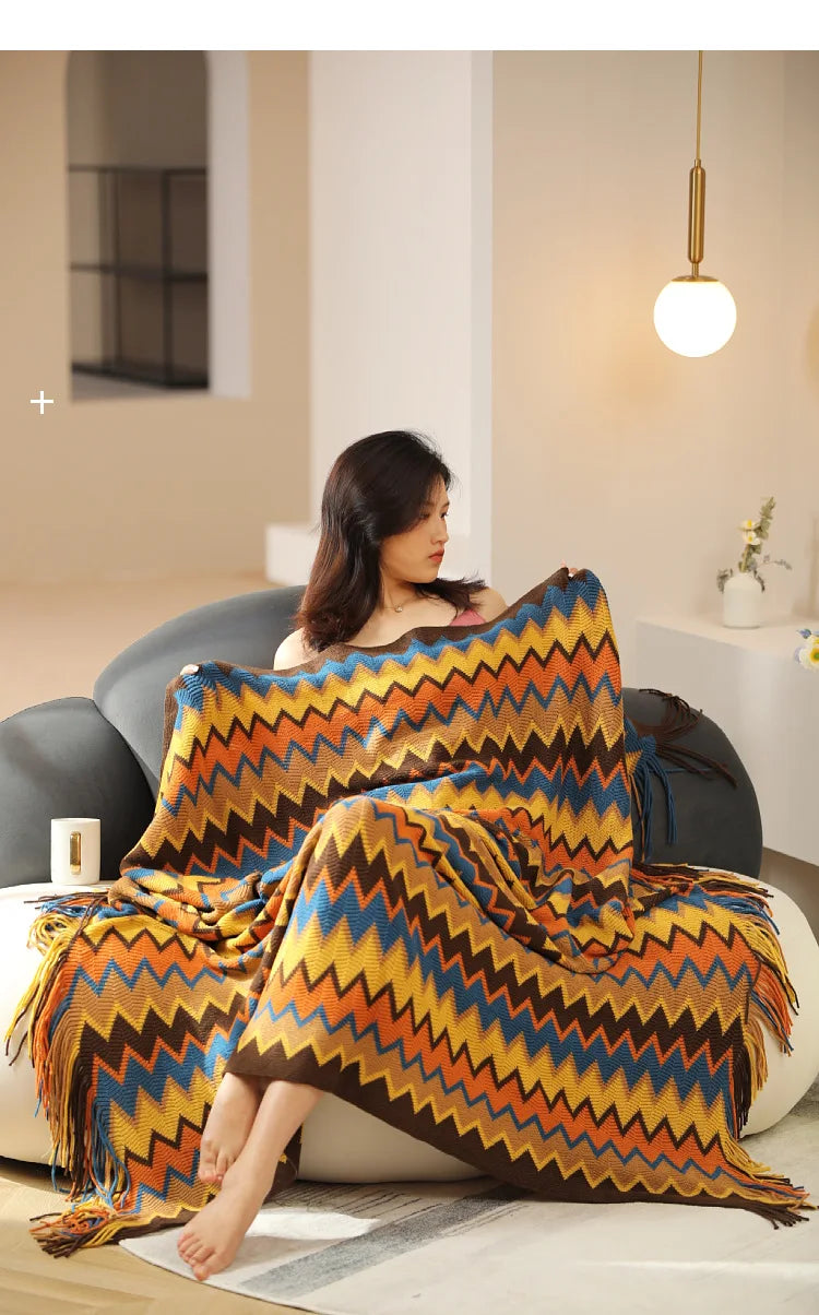 Boho Aztec Throw Blanket – Woven Plaid Sofa Cover, Wall Tapestry & Bed Blanket