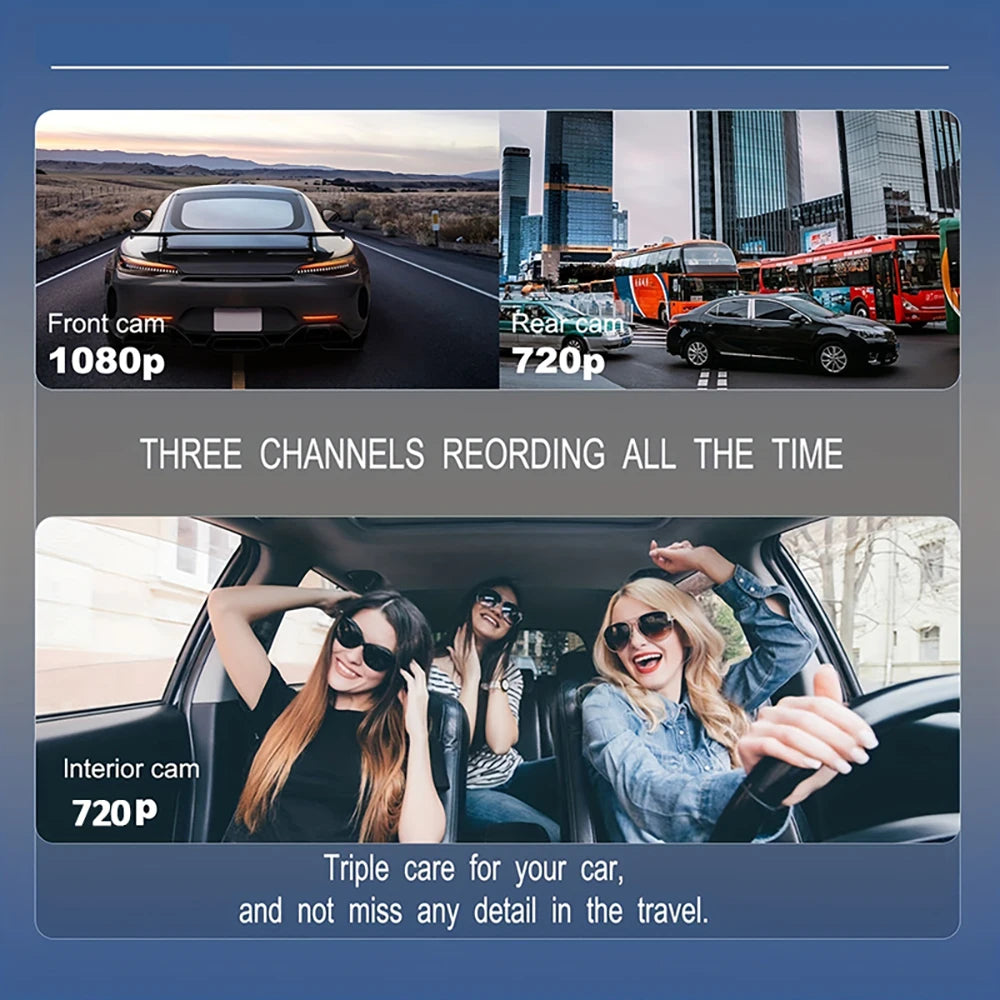 1080P 2/3-Lens WiFi Dash Cam – Front, Rear & Interior, Night Vision, G-Sensor, Loop Recording