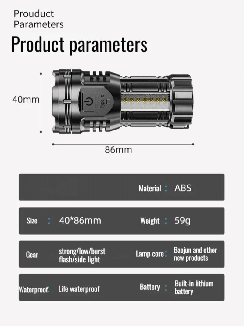 Mini LED Flashlight – USB Rechargeable, 10W, Adjustable Zoom, 100–200m, Waterproof Outdoor Torch