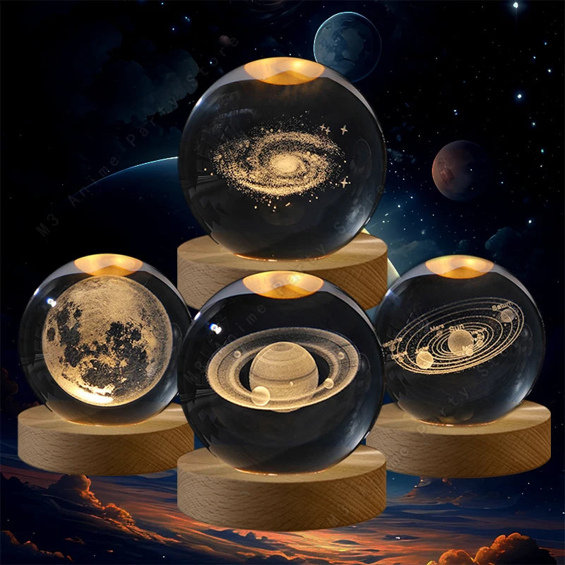 3D Crystal Ball Night Light — LED Galaxy Lamp (Saturn, Moon, Solar System) Birthday Gift