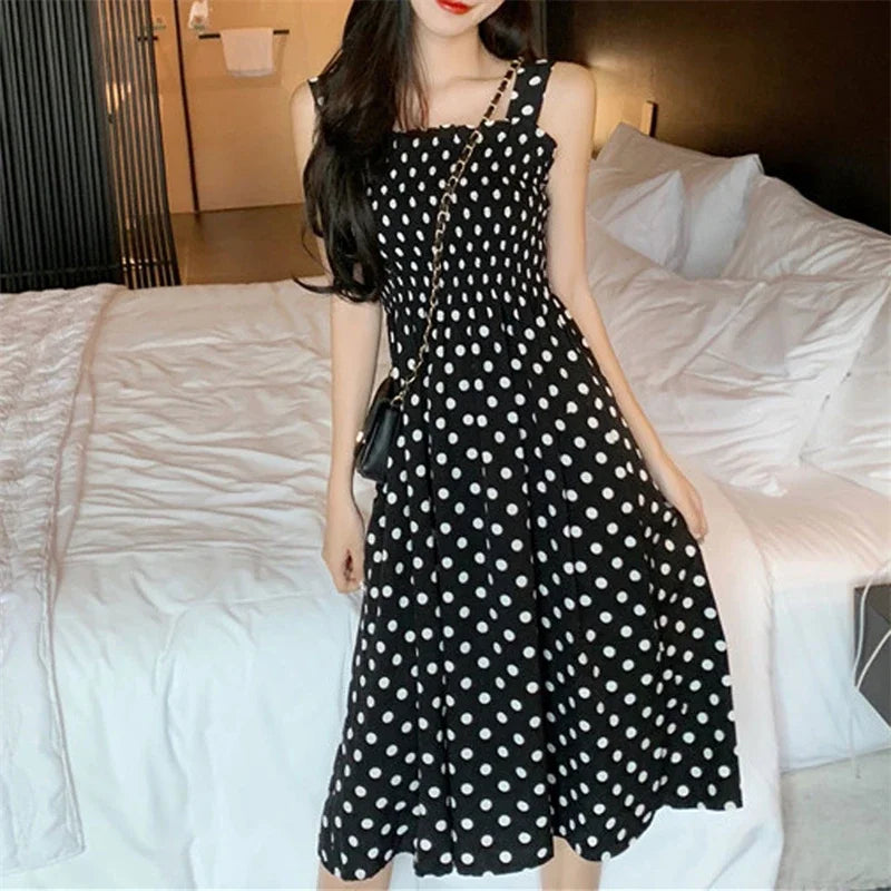 Polka Dot Square Neck Chiffon Maxi Dress — Sleeveless Elegant Long Dress