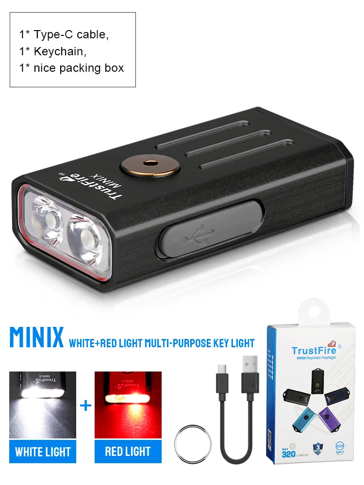 TrustFire MINIX – 320 Lumen Dual-Source Keychain EDC Flashlight, White + UV/Red, Type-C, IP66, Memory Mode