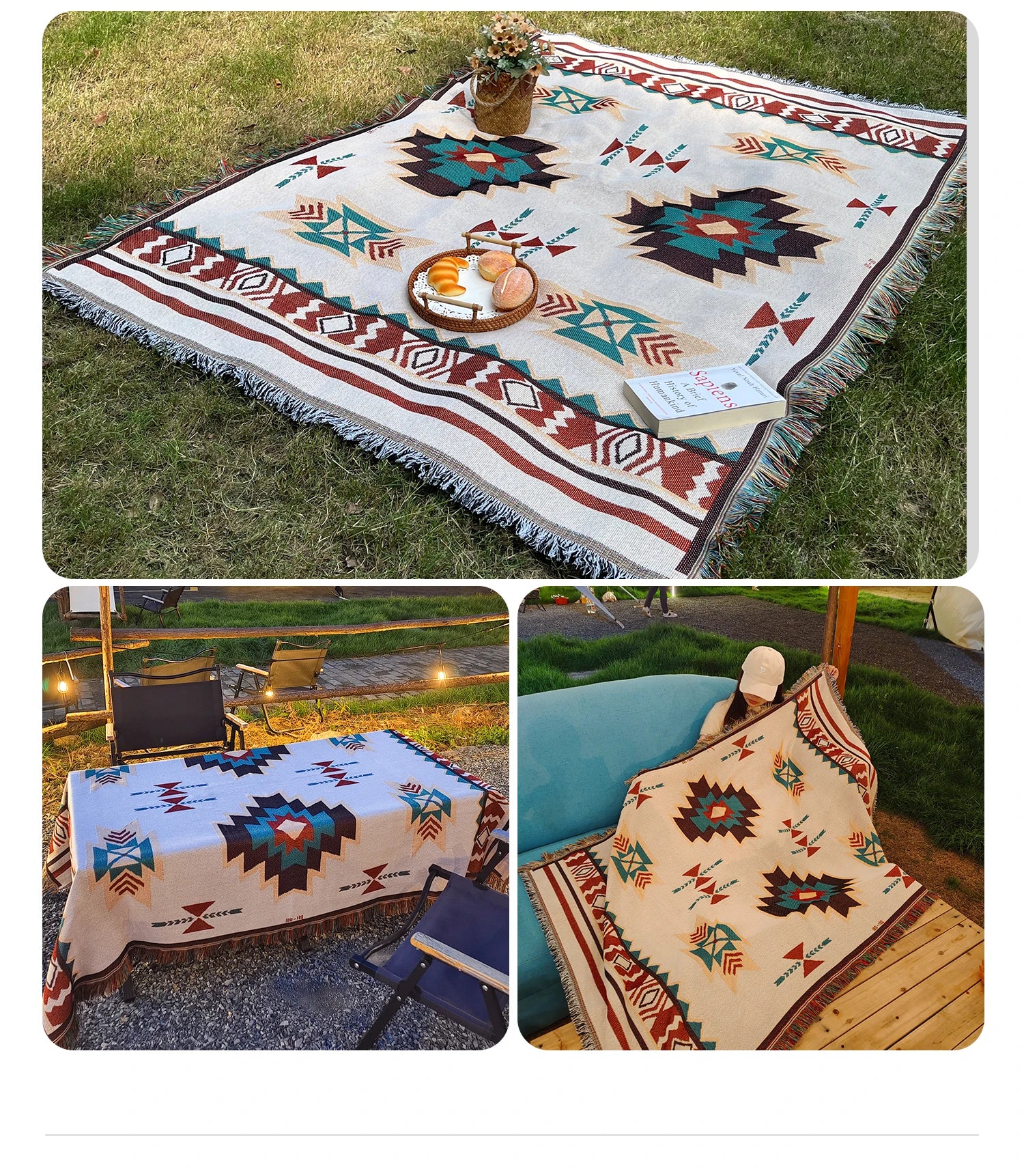 Aztec Boho Throw Blanket with Fringe – Oversized Southwestern Geometric Tapestry, Double-Sided Woven