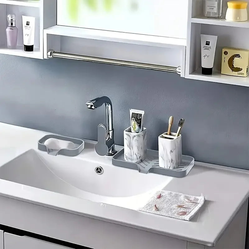 Tidy Sink. Dry Counter. — Silicone Faucet Mat & Sink Tray | Soap Dish, Sponge Drain Pad, Splash Mat, Countertop Storage, M & L Sizes