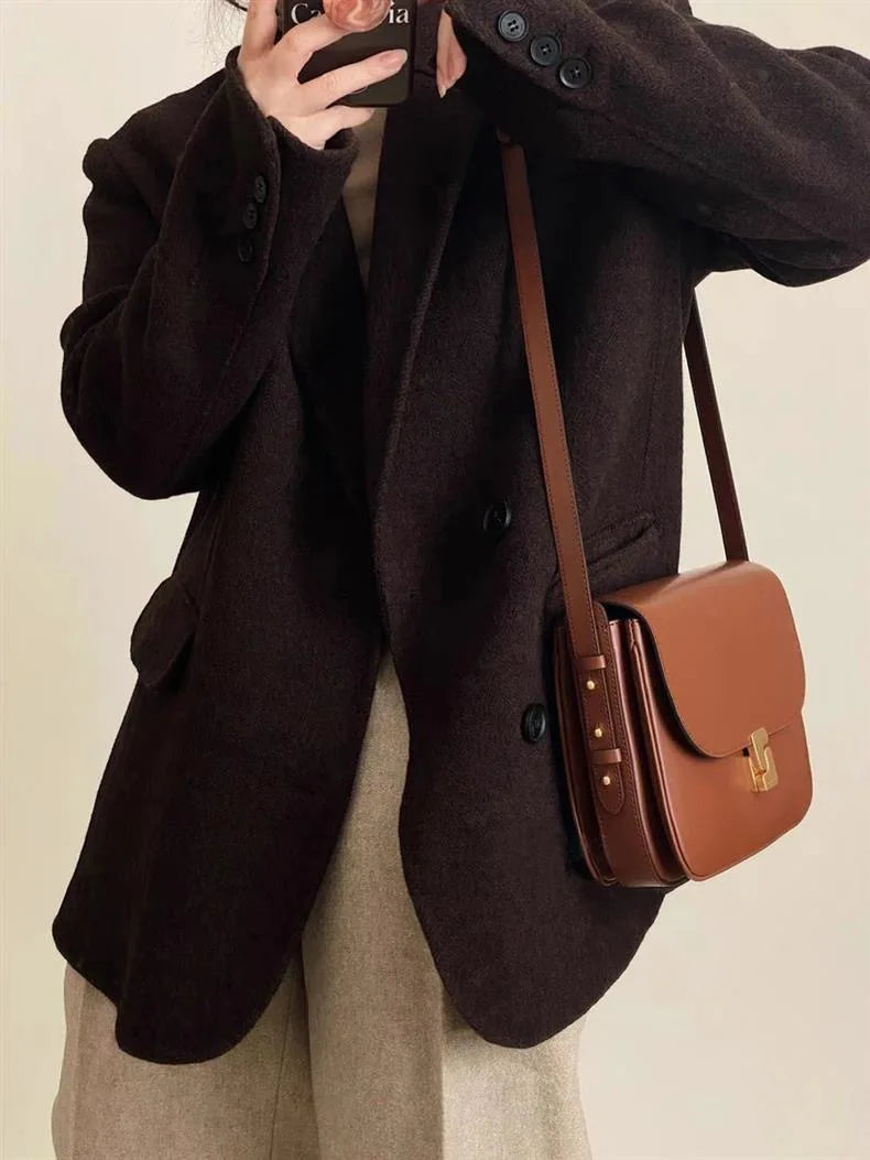 French Niche Top-Grain Genuine Leather Small Square Shoulder Bag – Luxury Crossbody Satchel for Women