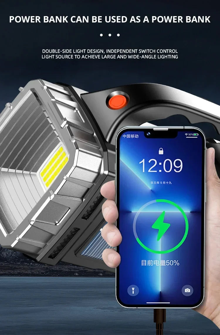 USB + Solar Rechargeable COB LED Flashlight – Powerful Outdoor Camping Torch & Portable Power Bank Searchlight