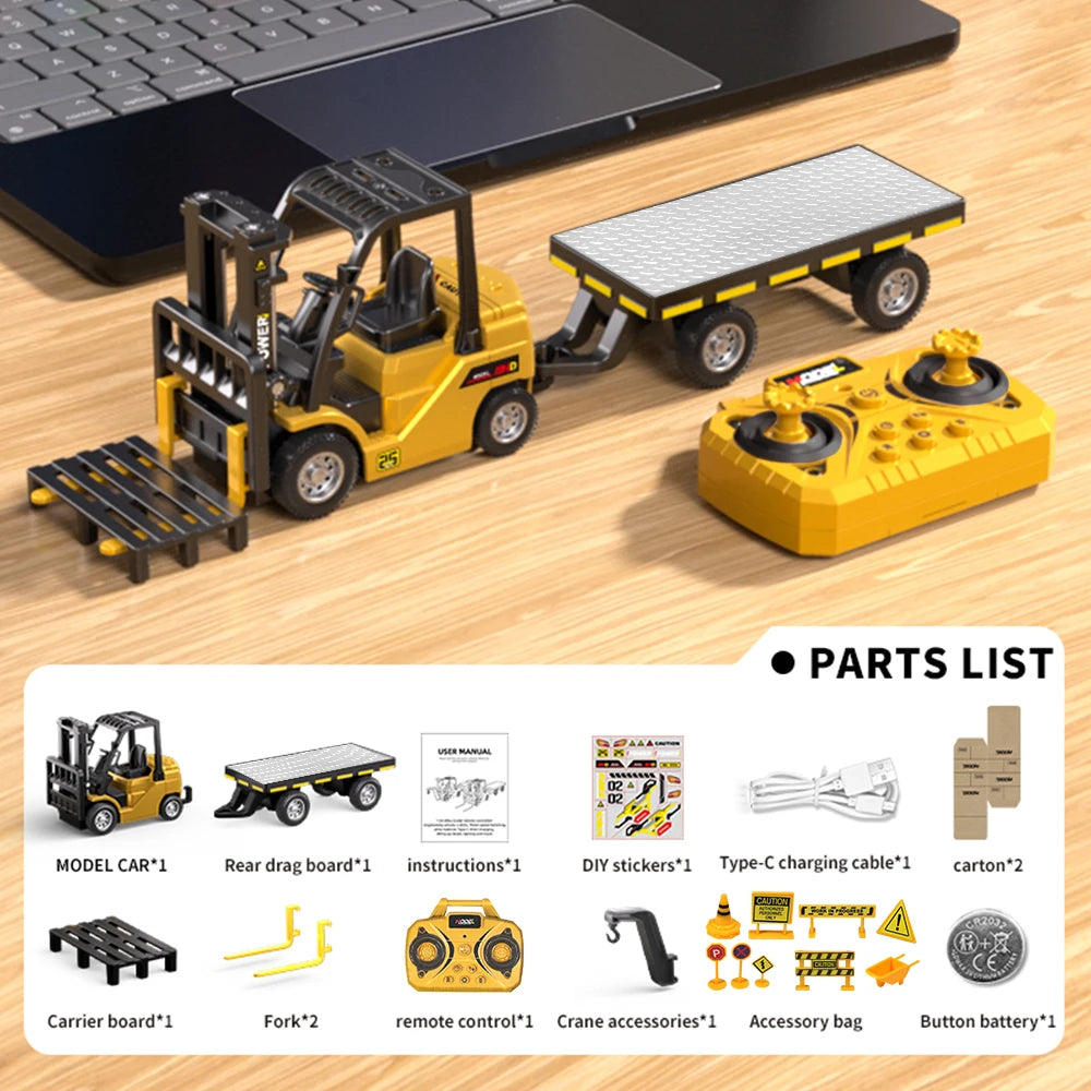 1:64 Scale Bluetooth RC Crane & Forklift 2-in-1 Desktop Mini Alloy Toy Car with Trailer