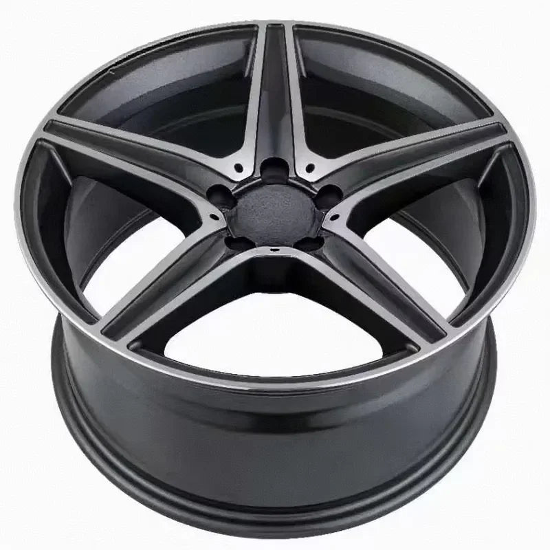 A five-spoke alloy car wheel rim in a glossy dark gray or black finish, photographed on a clean white background.