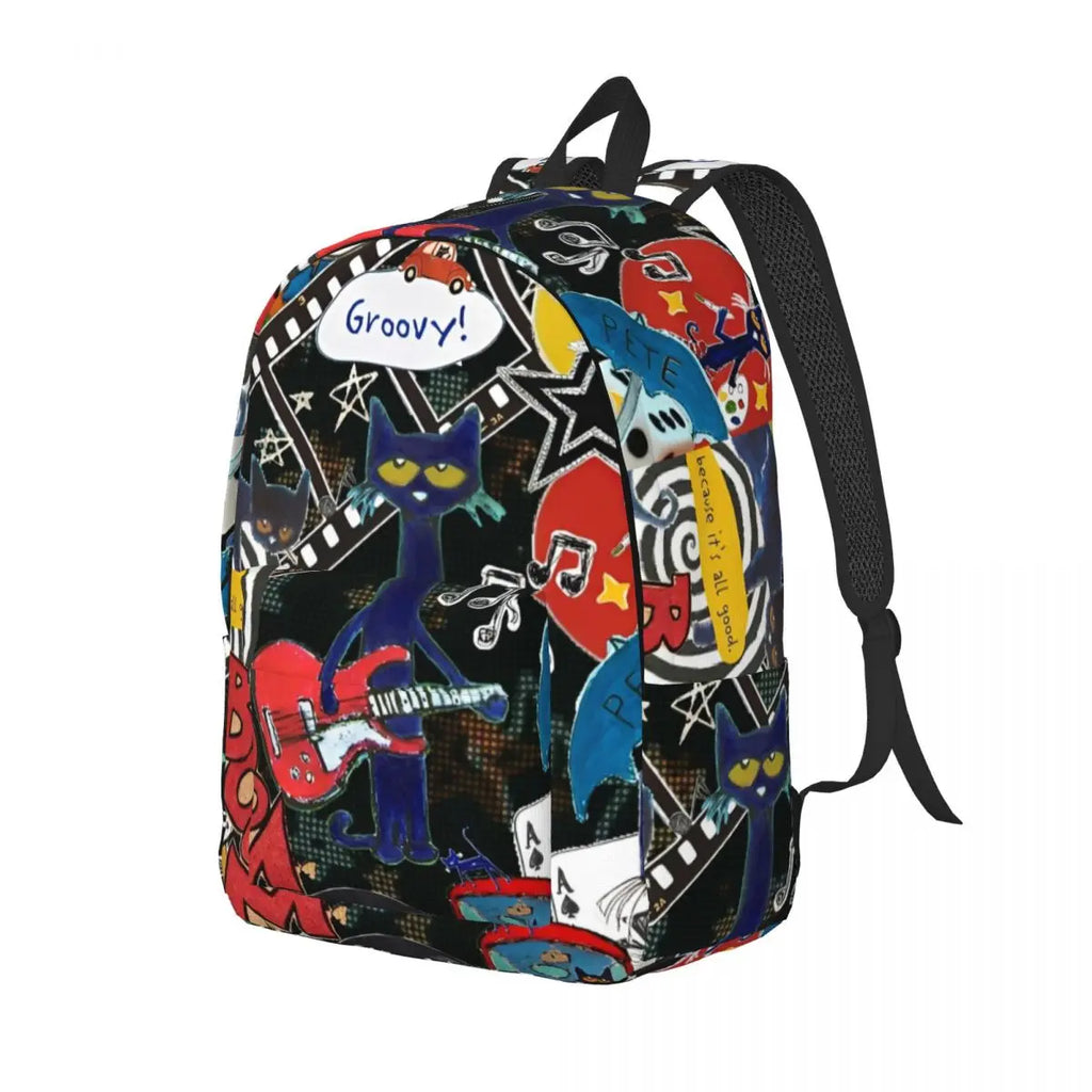 Backpack with colorful design featuring a cat playing guitar and the word 'Groovy!'.