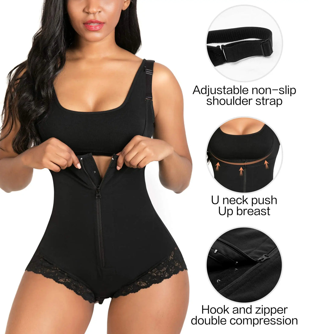Fitneed Colombian Bodysuit Shaper – Medium Control, Lace Detail, Waist & Tummy, XS–XXXL, Beige & Black
