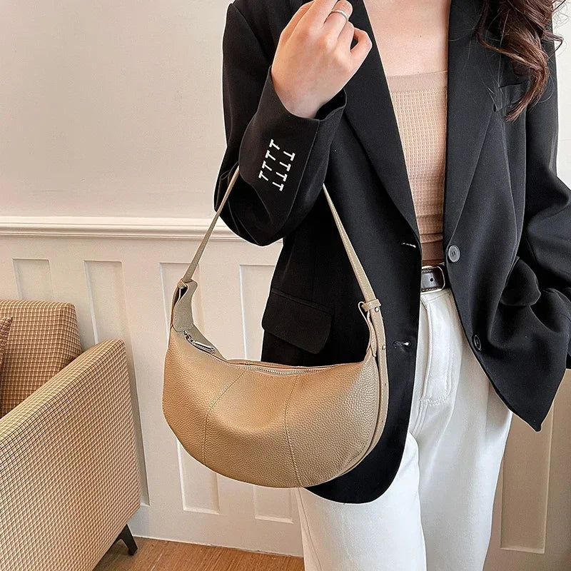 Badiman Genuine Cowhide Half-Moon Underarm Bag – Large Capacity Shoulder Crossbody Tote for Women