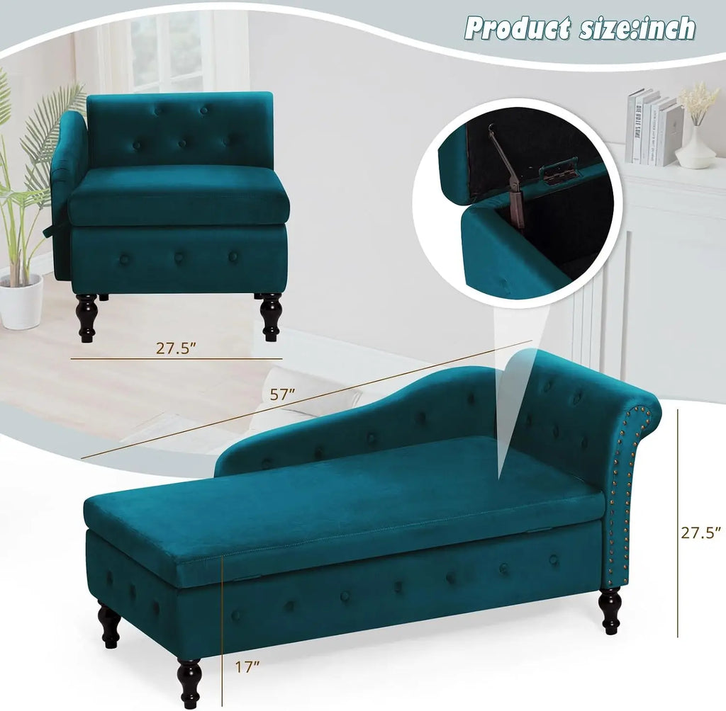 Velvet Storage Chaise Lounge with Right Armrest
