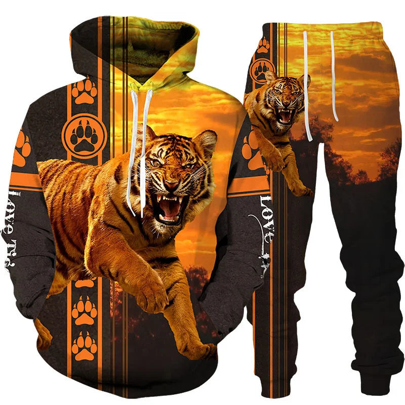 Men's 3D Tiger Print Hoodie & Pants Tracksuit Set – 2-Piece Sportswear