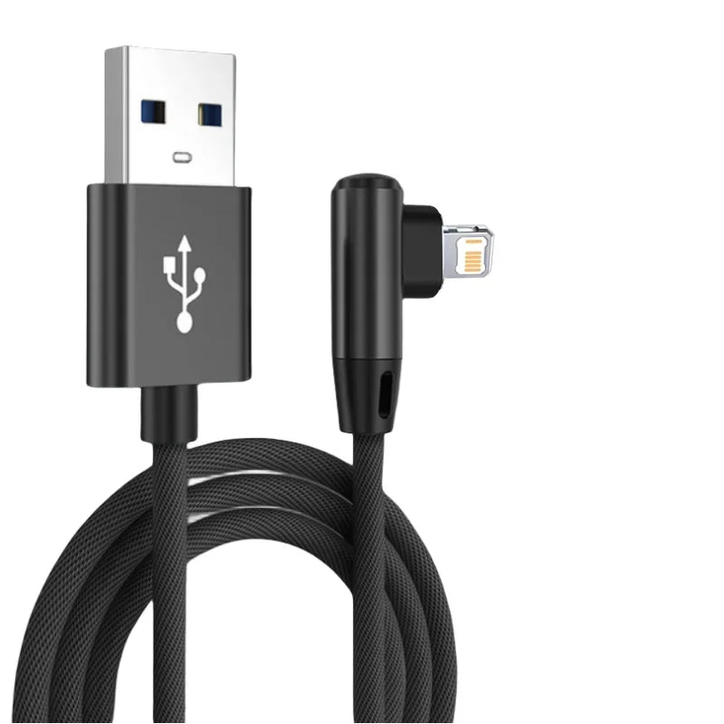 90-Degree Right Angle Lightning Fast Charge Cable – 3A Braided Cord for iPhone, 0.3m to 3m, 3 Colors