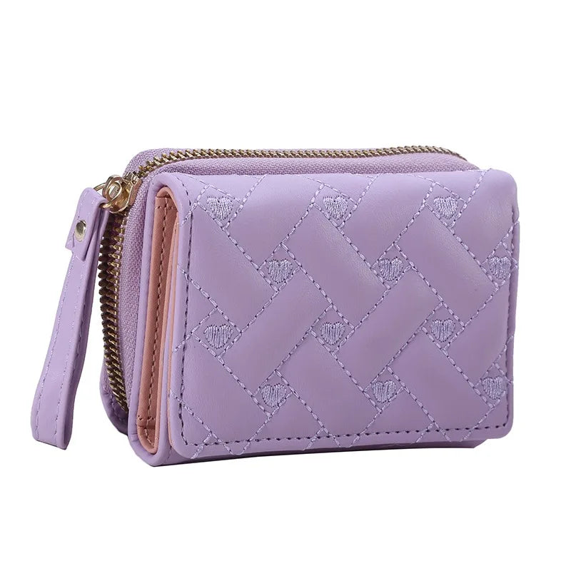 Embroidered Love Pattern Tri-Fold Women's Wallet — Korean Minimalist PU Card Bag