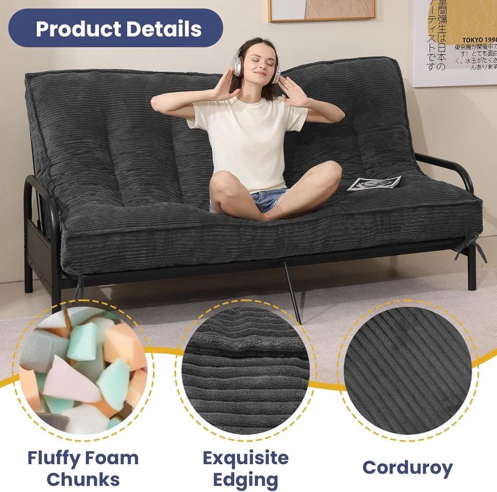 Sofa by Day, Bed by Night — 8" Thick Full-Size Futon Mattress | Roll-Up Folding Floor Sleeper, Medium Firm, Corduroy