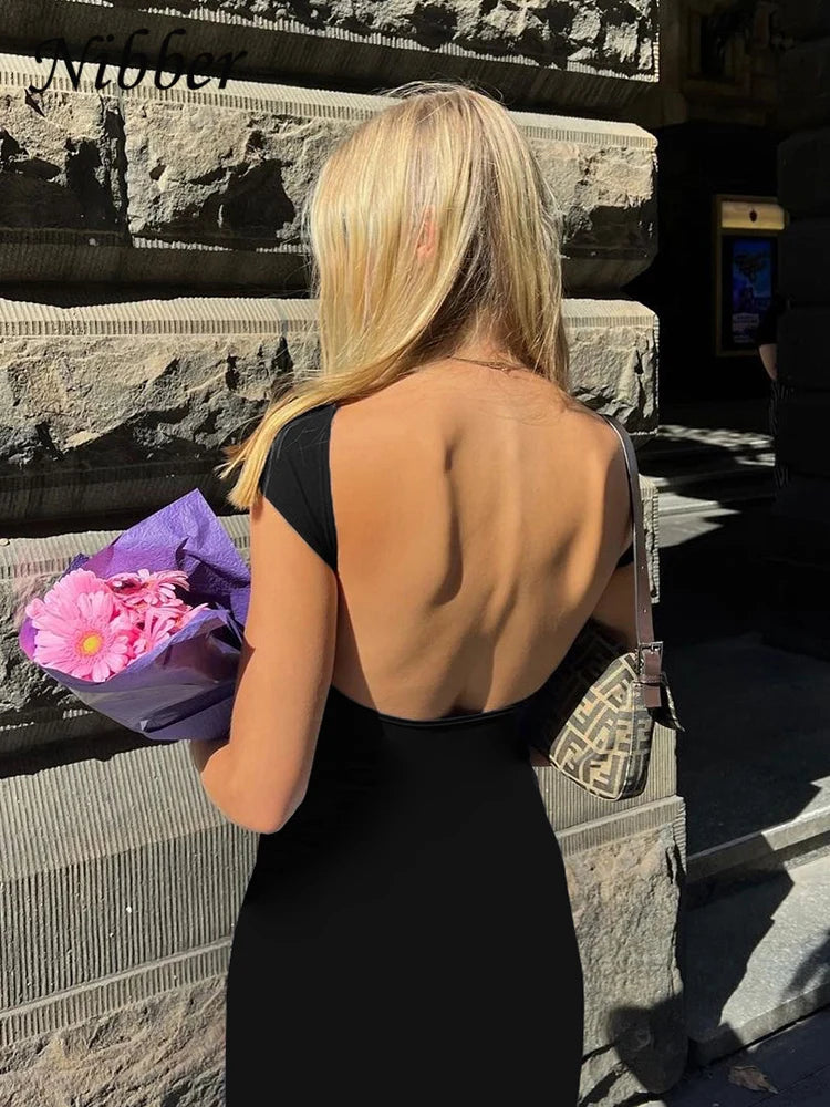 Nibber Solid Backless Bodycon Maxi Dress – Elegant Slim Short Sleeve Long Dress