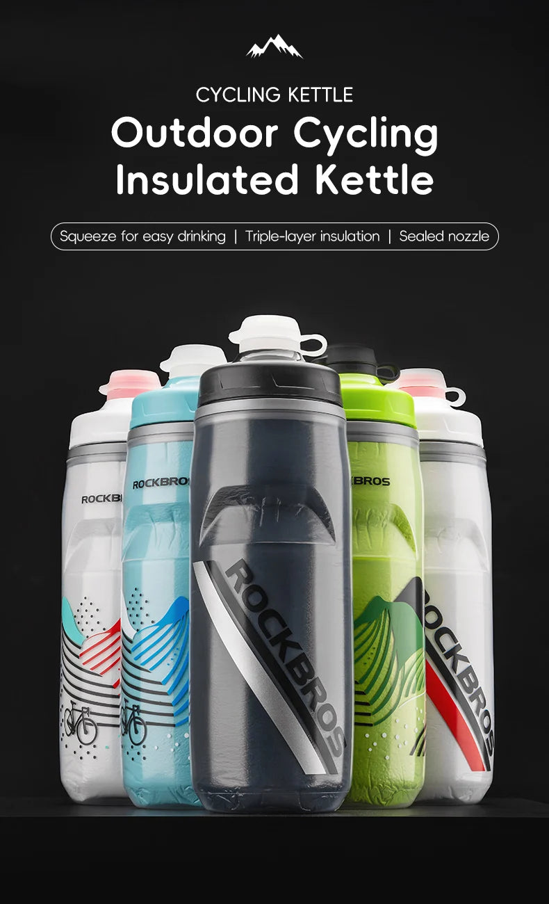 ROCKBROS 620ml Insulated Cycling Water Bottle – Thermal Triple-Layer Squeeze Bike Bottle with Silicone Nozzle