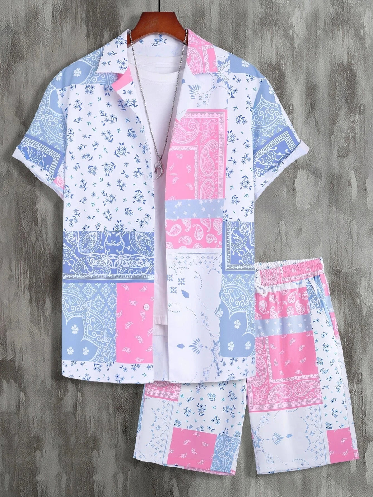 Men's Print Patchwork Lapel Shirt & Beach Shorts Hawaiian Set – Summer Streetwear 2-Piece