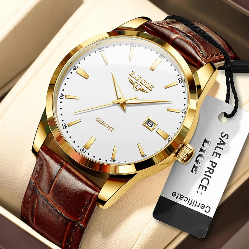 LIGE Men's Brown Leather Chronograph Watch | Military Sport Casual Waterproof Quartz Wristwatch
