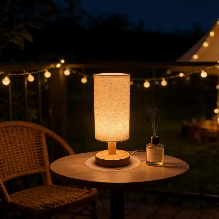 Wooden Bedside Lamp – USB Light with Linen Shade