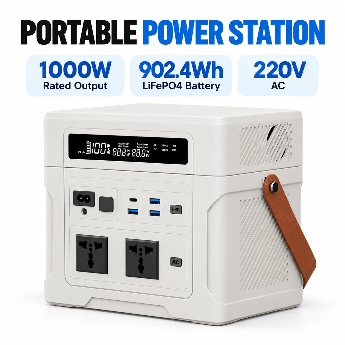 1000W Portable Power Station, 902.4Wh LiFePO4, 220V