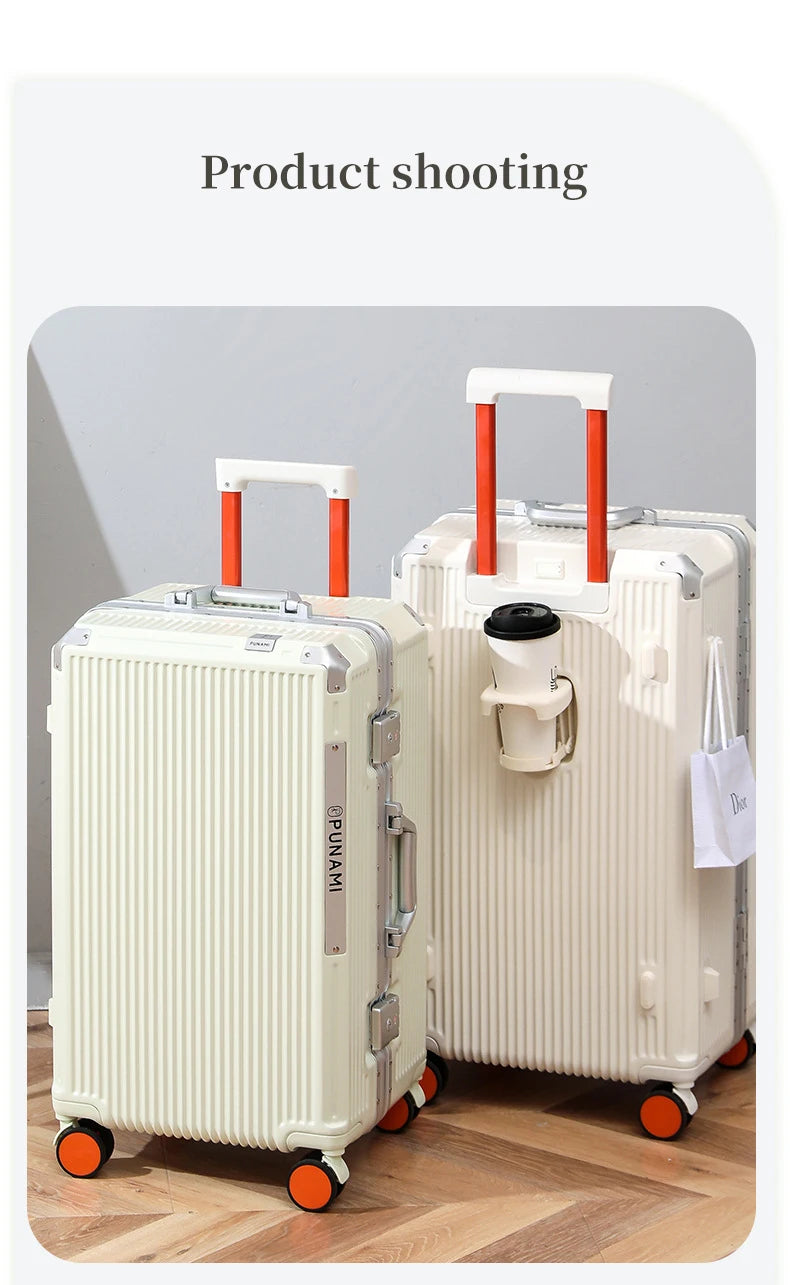 sushimu Suitcase Wide Handle Travel Suitcase Men 20 24 26 Carry-On Luggage Women PC Aluminum Frame Trolley Case