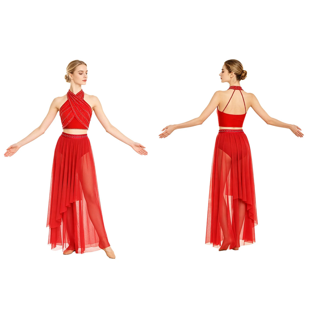 Women's Dance Performance Costume – Shiny Crop Top & Sheer Pants for Skating, Gymnastics & Ballet