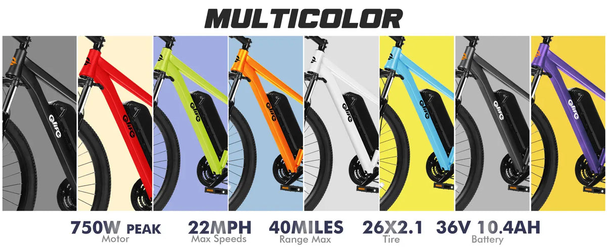 A promotional graphic showing multiple electric bicycle frame color options under the heading 'MULTICOLOR'. Each bike is shown in a different color: gray, red, lime green, orange, white, light blue, yellow, and purple, with technical specs listed below each variant.