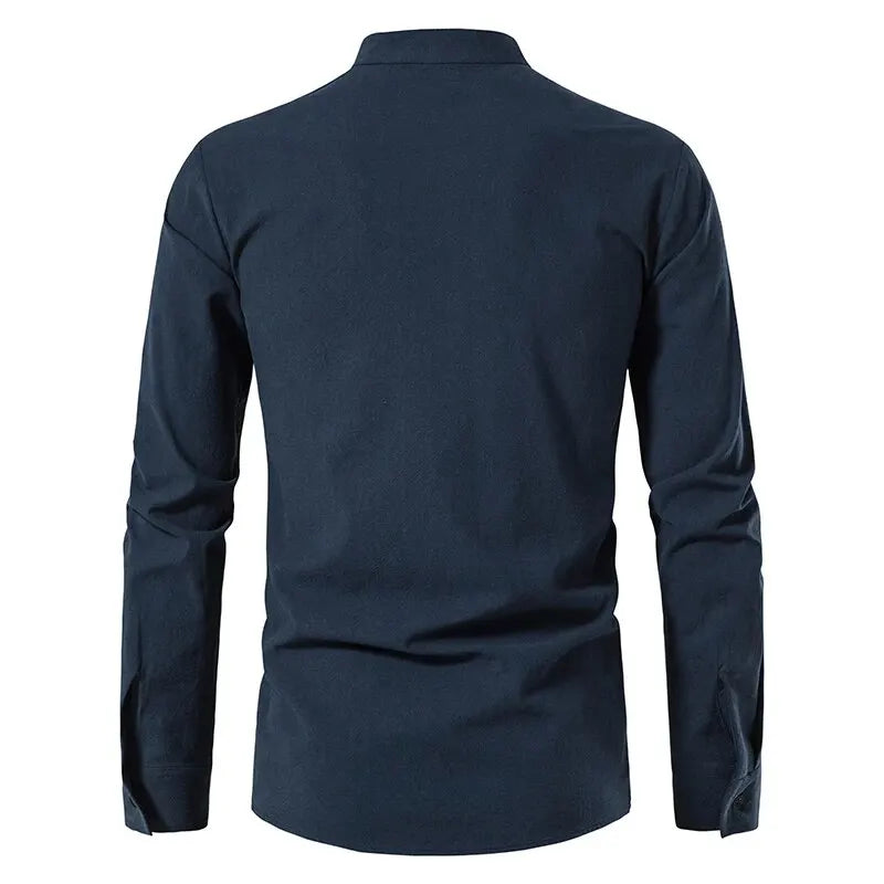 Men's Cotton Linen Drawstring Long Sleeve Shirt — Vintage Casual US Size Top