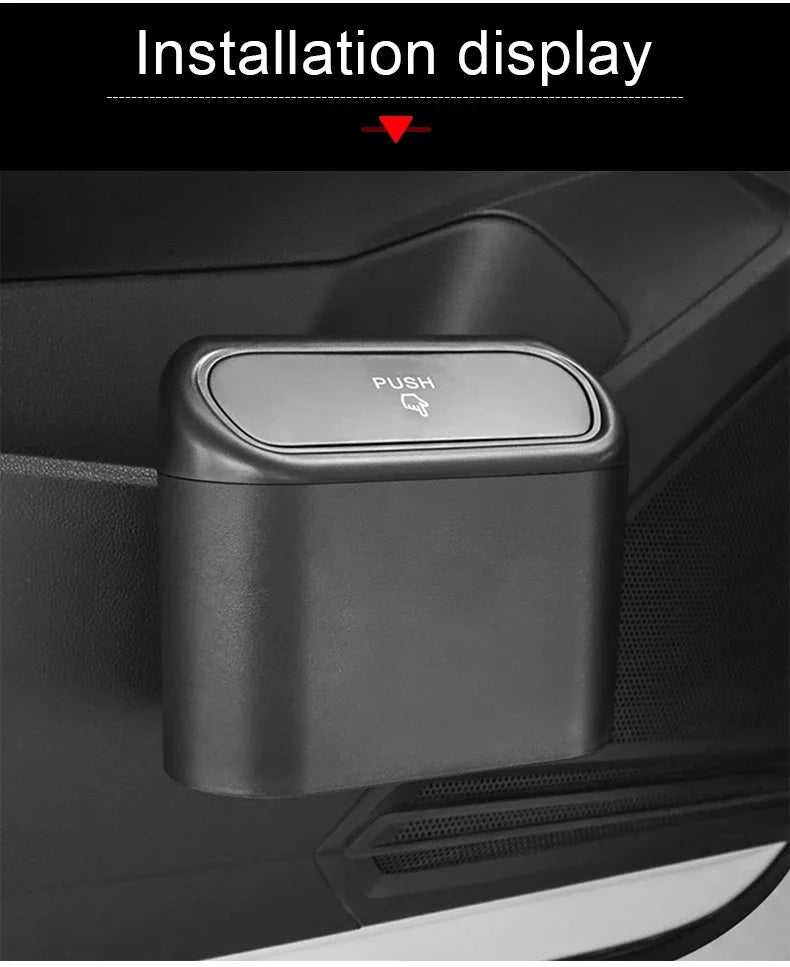 Black car trash can with push lid on a vehicle interior background