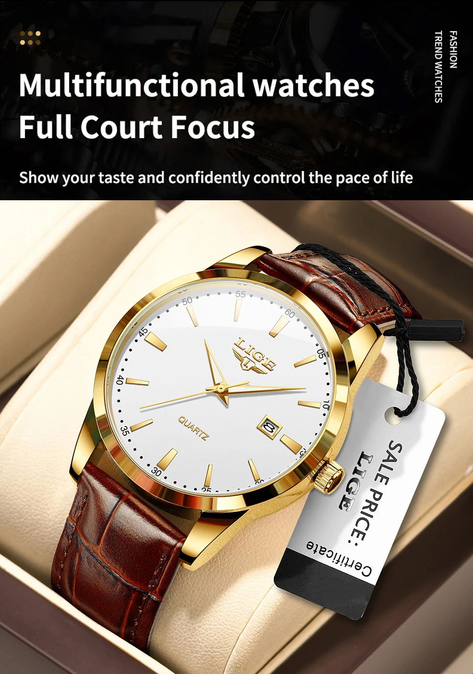 LIGE Men's Brown Leather Chronograph Watch | Military Sport Casual Waterproof Quartz Wristwatch