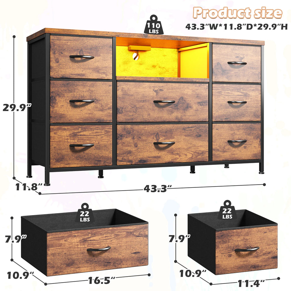 8-Drawer Media Dresser with LED Lighting & Built-In Charging Station — Fabric Storage Cabinet for 55" TVs