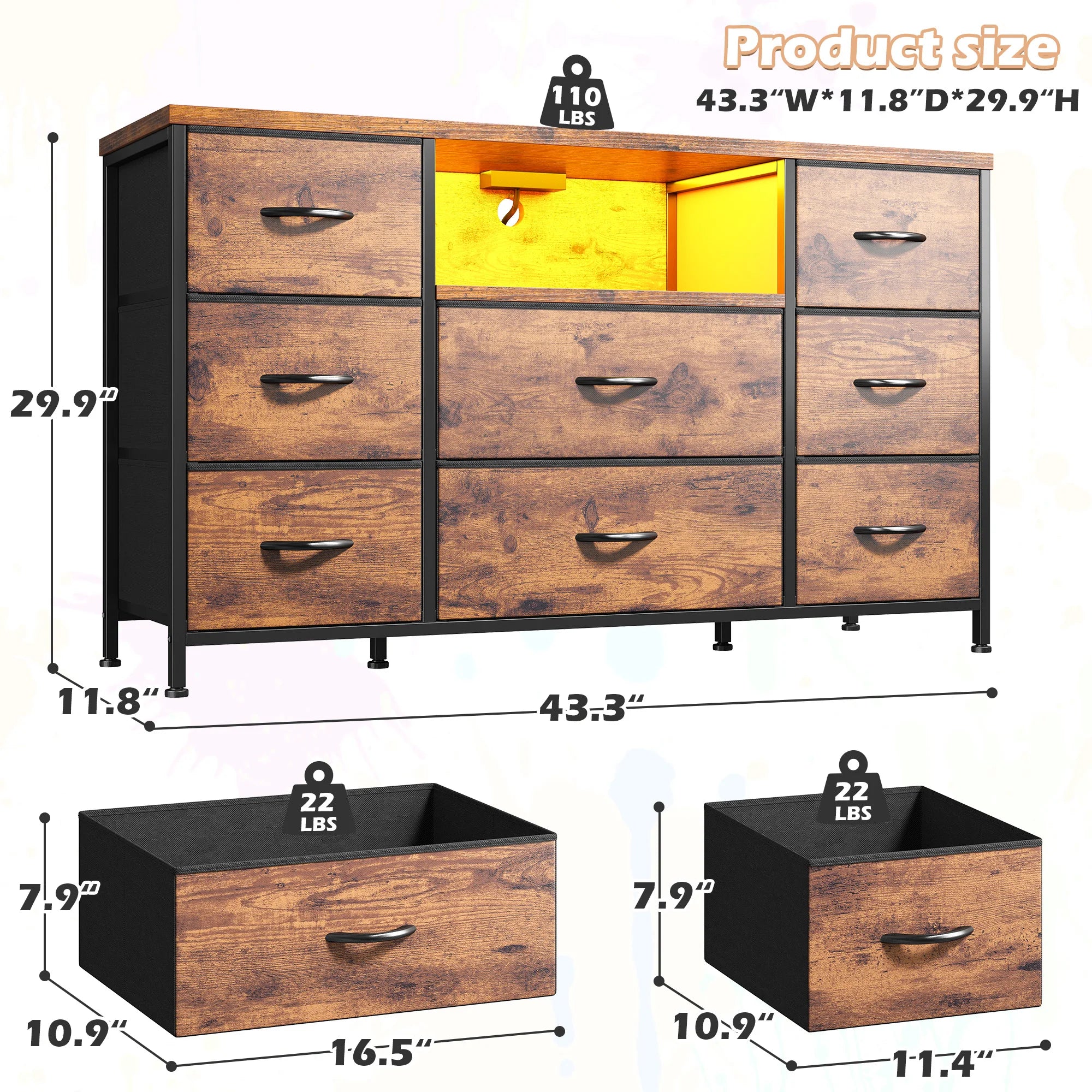 8-Drawer Media Dresser with LED Lighting & Built-In Charging Station — Fabric Storage Cabinet for 55" TVs