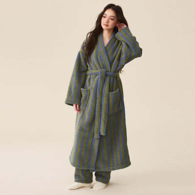 Women's Coral Velvet Striped Fleece Robe | Thick Plush Dressing Gown Loungewear