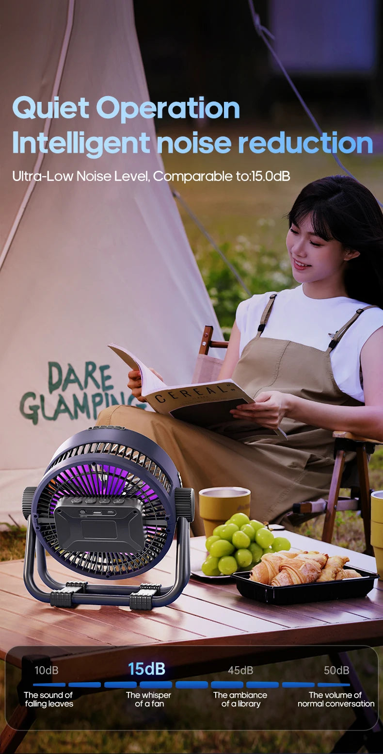 6-in-1 Portable Camping Fan – 20000mAh Rechargeable Wireless Tent Ceiling Fan with LED Light & Power Bank