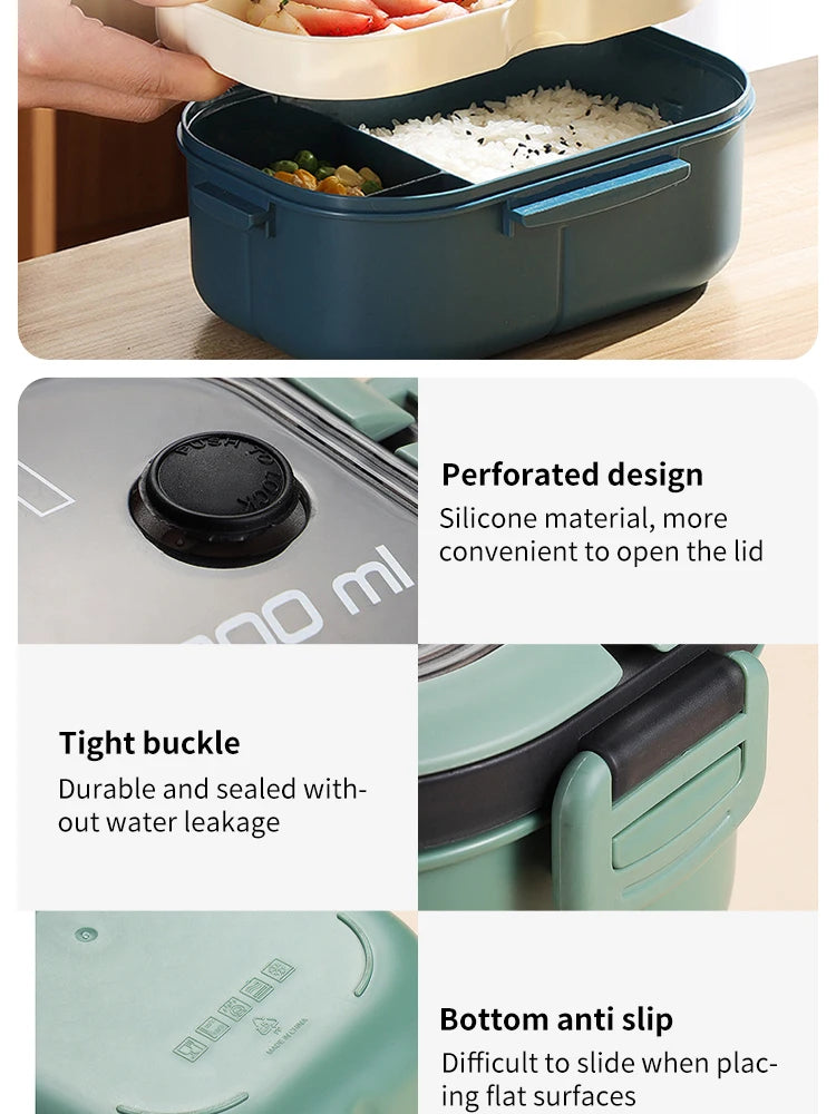 Bento box with rice and vegetables, featuring text on design features.