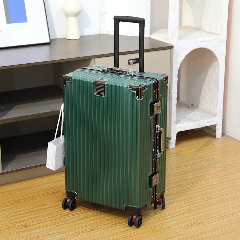 Aluminum Frame Leather Trolley Case — 20"/24"/26"/28" Universal Wheels