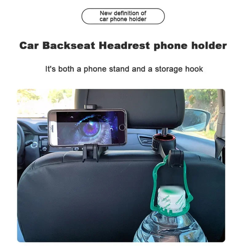 Car backseat headrest phone holder with a black clip holding a smartphone and a green hook holding a water bottle, shown installed on a car headrest with text describing its use.