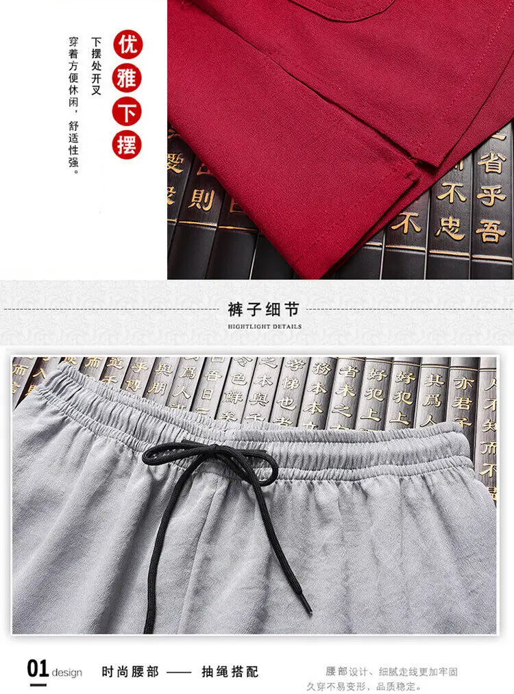 Men's Chinese Style Long Sleeve Shirt & Elastic Waist Pants Casual Set
