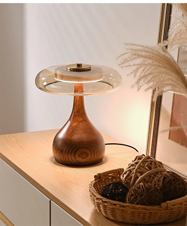 Retro Glass Table Lamp – Sculpted Wood-Look Base