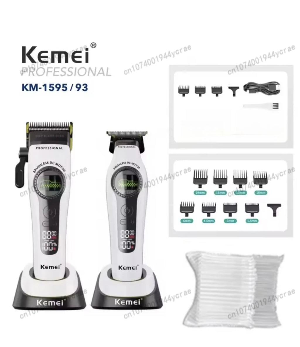 Kemei KM-1593 / KM-1595 Brushless Hair Clipper – DLC Blade, 8000 RPM, 200-Min Runtime, USB-C