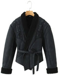 Leather Jackets Women's With Belt Fur Coat Streetwear Fashion Solid Outwear Woman Elegant Jackets Chaqueta De Cuero Para Mujer