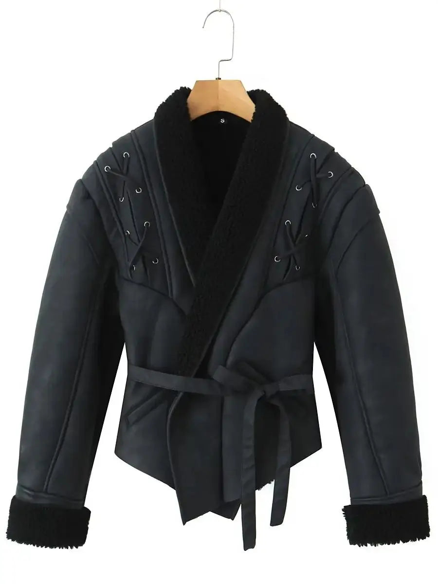 Leather Jackets Women's With Belt Fur Coat Streetwear Fashion Solid Outwear Woman Elegant Jackets Chaqueta De Cuero Para Mujer