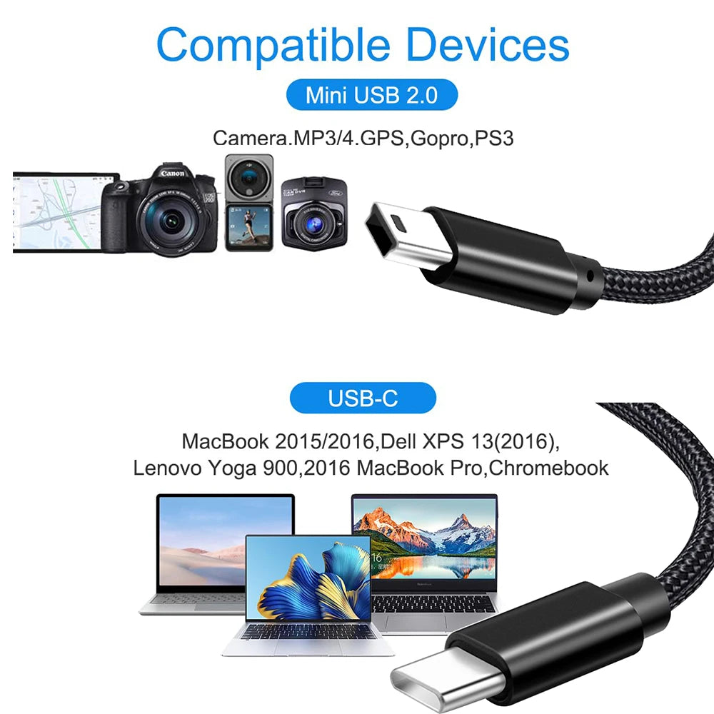 USB-C to Mini USB Adapter Cable – Type-C to Mini-B Charging & Data Cable for Camera MP3 MacBook