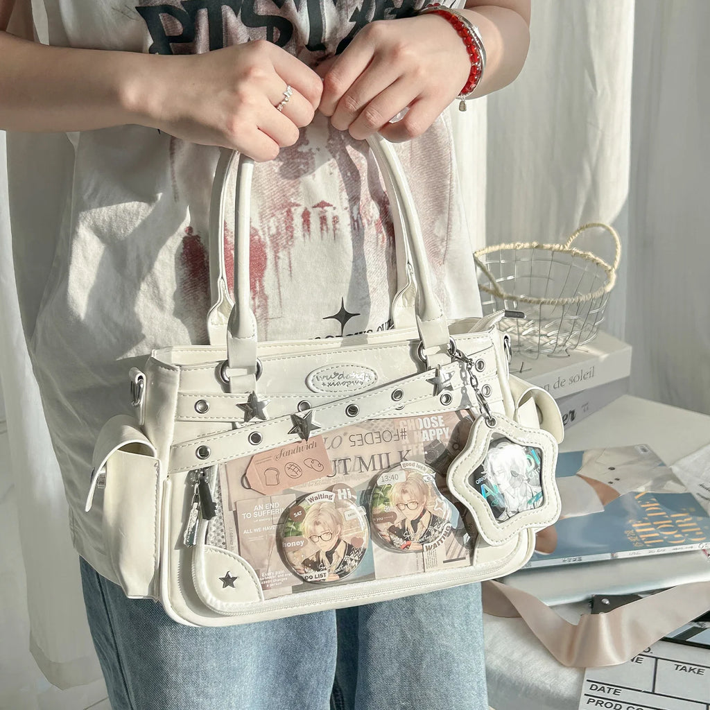 Miyagawa Transparent Rivet PU Tote Bag – Multi-Function Crossbody Shoulder Handbag for Women